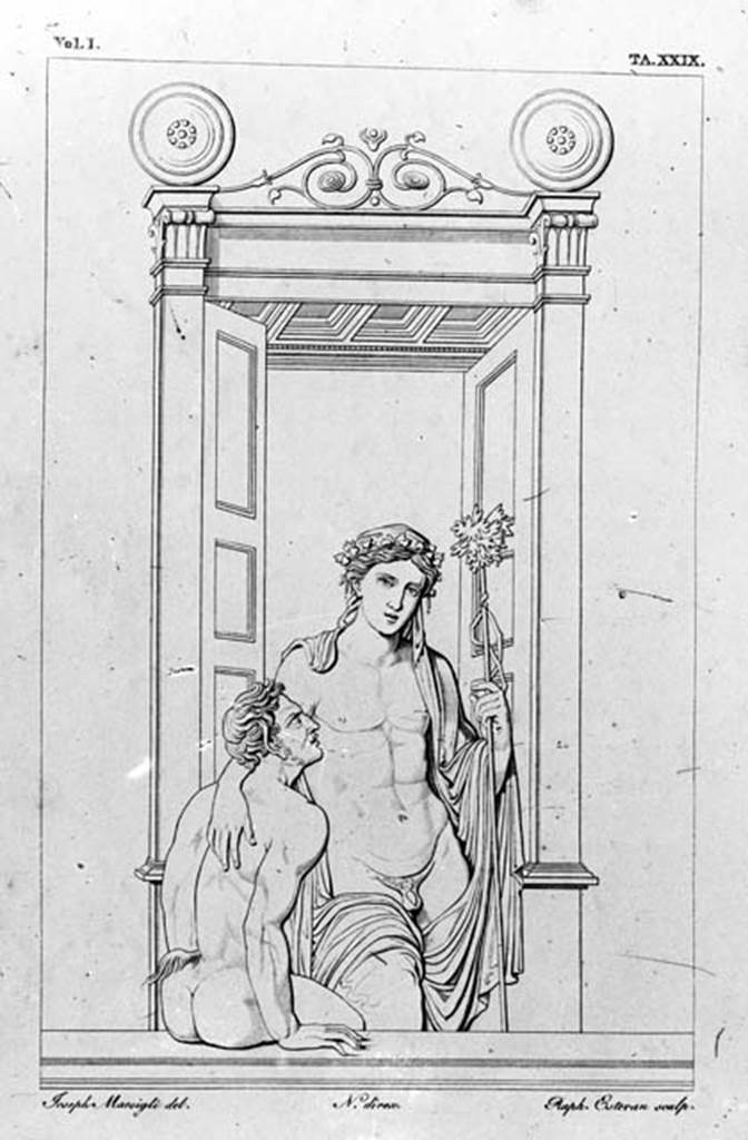 231556 Bestand-D-DAI-ROM-W.0232.jpg
VI.9.6 Pompeii. W.232. Room 6, drawing of wall painting of Dionysus and Satyr, from east wall of peristyle on pilaster between rooms 22 and 24. See Real Museo Borbonico, I, taf 29.
Photo by Tatiana Warscher. With kind permission of DAI Rome, whose copyright it remains. 
See http://arachne.uni-koeln.de/item/marbilderbestand/231556 
