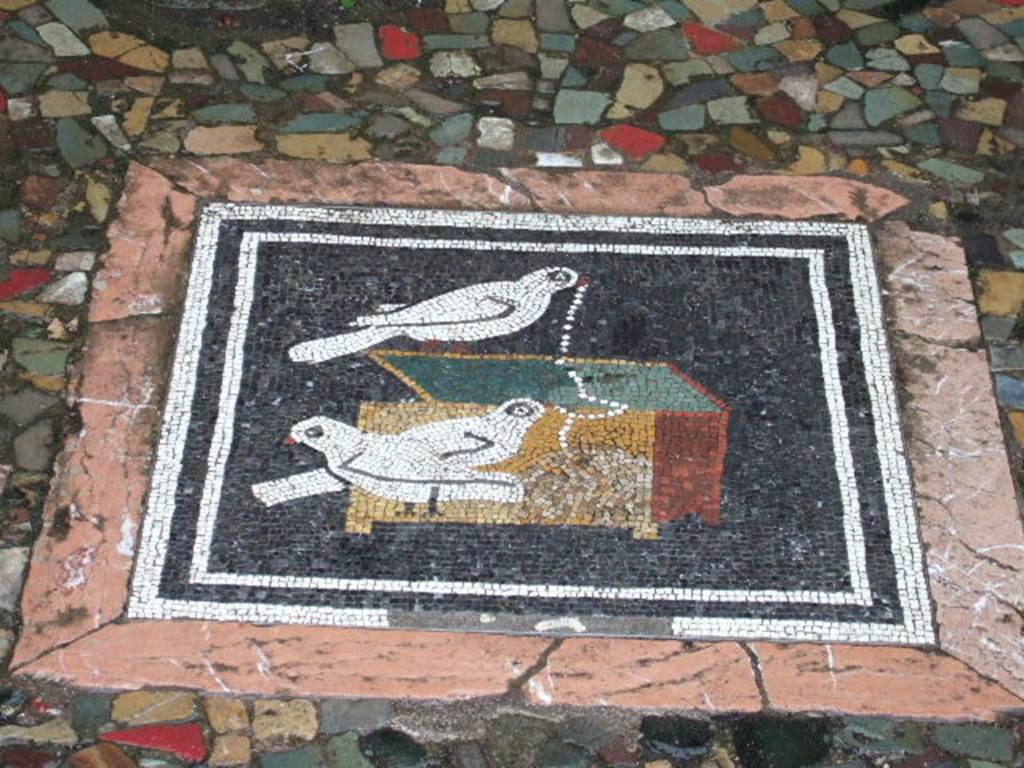 VI.12.2 Pompeii. December 2005. Ala on West side of Atrium.  Detail of mosaic picture of Doves pulling a necklace from a jewellery box.