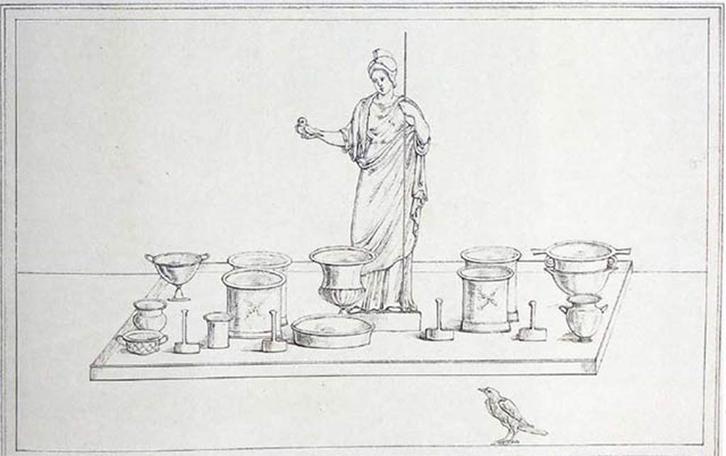VI.13.2 Pompeii. 1837. Tablinum. Drawing by G. Abbate of drinking vessels arranged around a statue of Athena.
According to CulturaItalia, “Il disegno raffigura un gruppo di vasi potori, probabilmente in argento a giudicare dalle forme, disposti in maniera ordinata su una mensa intorno ad una statuetta di Atena, con elmo e civetta nella destra. Tra i recipienti si riconoscono "skyphoi", "kàntharoi", "simpula". In basso, verso destra, è raffigurato un volatile.”

The drawing depicts a group of drinking vessels, probably silver judging by the shapes, arranged in an orderly manner on a table around a statue of Athena, wearing a helmet and holding an owl in her right hand. Among the containers, you can recognize "simpula", "kàntharoi", "skyphoi". At the bottom, to the right, a bird is depicted.

Photo courtesy of CulturaItalia and its contributors whose copyright it remains.
