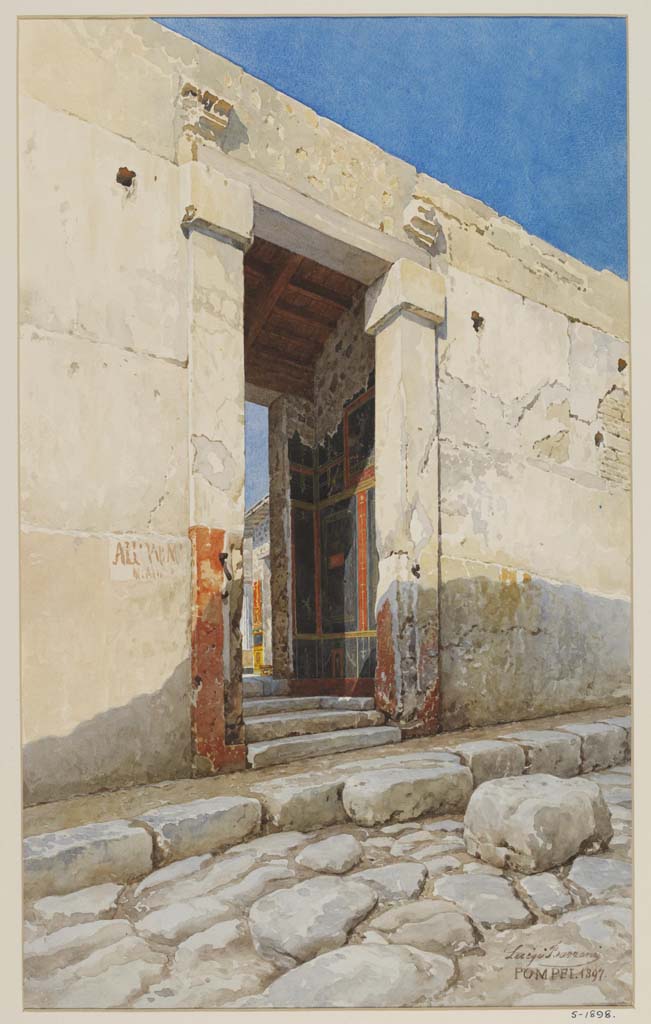 VI.15.1 Pompeii. 1897. Watercolour by Luigi Bazzani, looking towards entrance doorway. 
Photo © Victoria and Albert Museum. Inventory number 5-1898.
