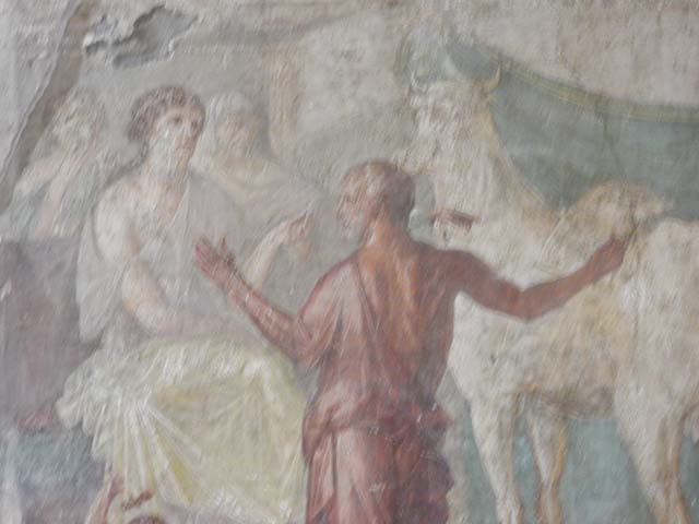 VI.15.1 Pompeii. December 2006. Exedra. South wall. Wall painting of naval scene with basket and mask above.