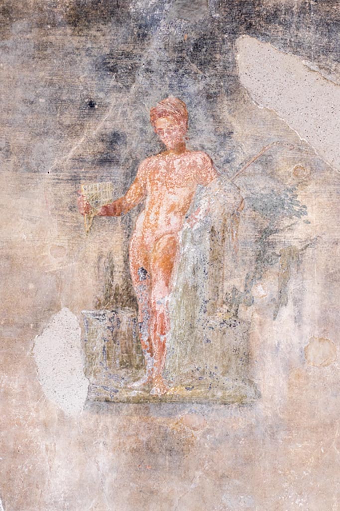 VI.15.1 Pompeii. March 2023. 
Painting of figure from west wall of peristyle. Photo courtesy of Johannes Eber.
