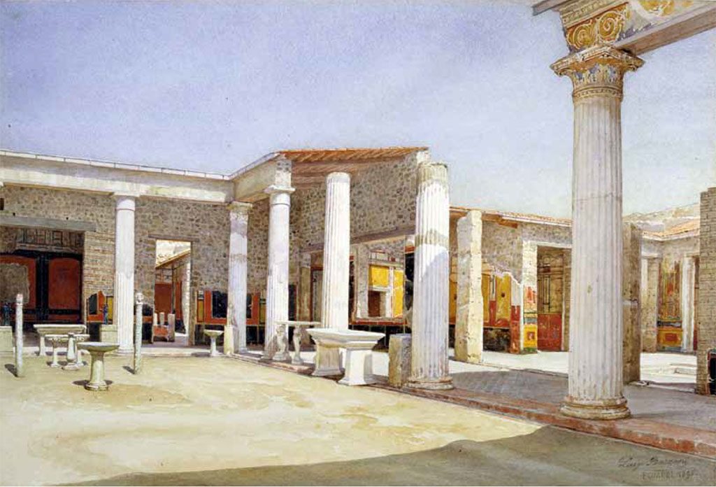 VI.15.1 Pompeii. 1895. Watercolour by Luigi Bazzani.
Looking towards the north-east corner of peristyle, and towards north side of unroofed atrium, on right.
The external architrave of the column on the right was decorated with leafy spirals made of stucco and painted in bright colours, see below.