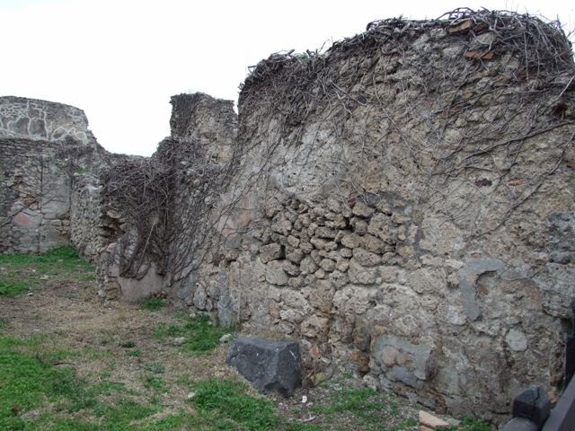 VI.16.11 Pompeii. December 2007. South wall and corridor leading to rear. According to Liselotte Eschebach, on the left, this wall used to have a base for a staircase to the upper floor against it, as well as a lararium.  See Eschebach, L., 1993. Gebäudeverzeichnis und Stadtplan der antiken Stadt Pompeji. Köln: Böhlau. (p.227)
According to Boyce, there was a ruined niche in the west wall, coated with white stucco bordered with red stripes; red and green garlands were painted on the back wall of it. See Boyce G. K., 1937. Corpus of the Lararia of Pompeii. Rome: MAAR 14.  (p.58)
.