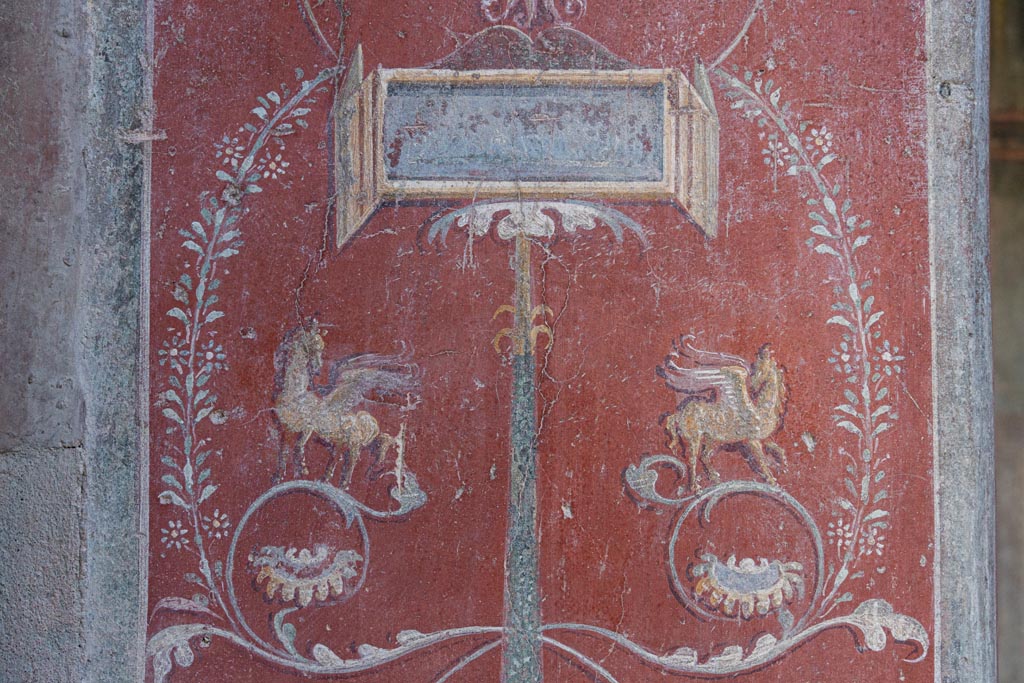 VI.16.15 Pompeii. January 2024. Detail from painted pilaster on west side of atrium B. Photo courtesy of Johannes Eber.