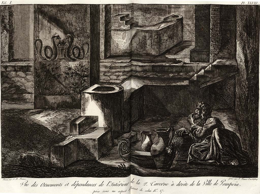 VI.17.4 Pompeii. Pre-1778 drawing by J. B. Piranesi, engraved by F. Piranesi, published 1804. 
Looking east across rear of counter in bar room towards Via Consolare, and VI.1.5 on opposite side of road.
See Piranesi, F, 1804. Antiquités de la Grande Grèce : Tome I. Paris : Piranesi and Le Blanc. Vol. I, pl. XXVIII.


