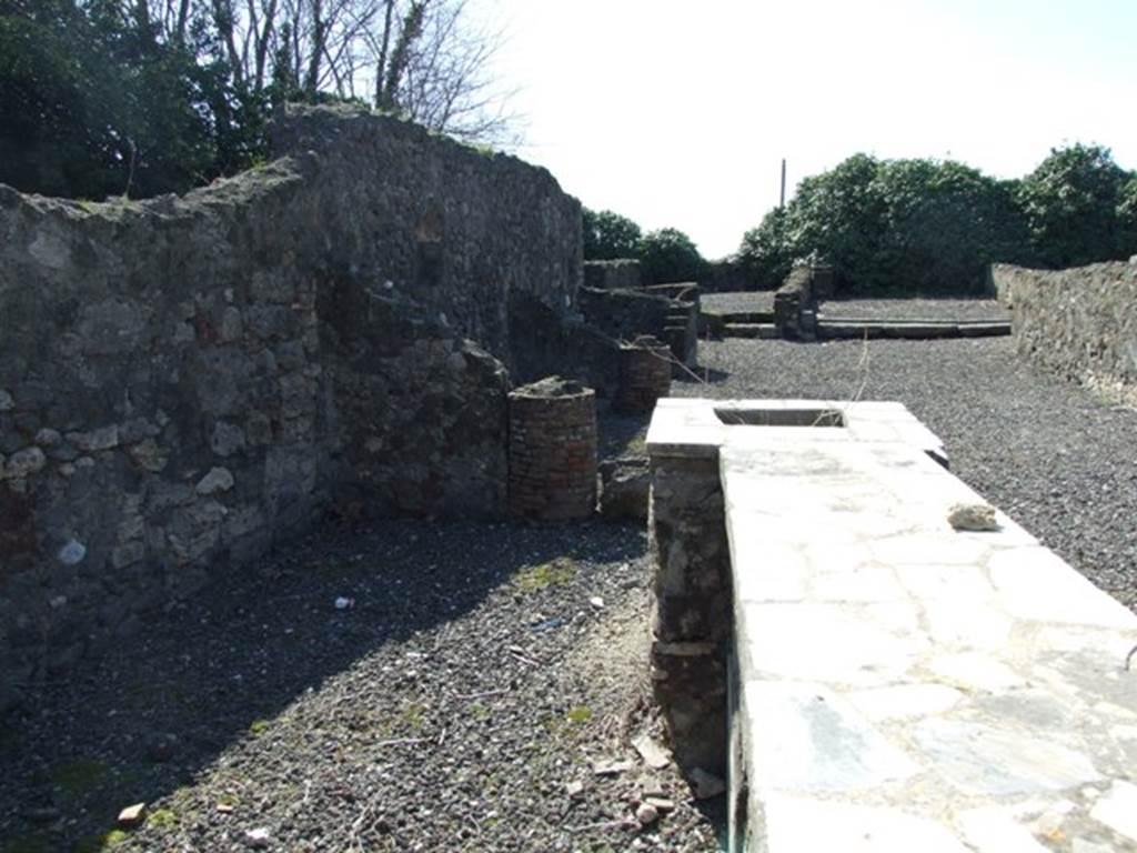 VI.17.4 Pompeii. March 2009. Looking west along marble counter and hearth to rear. In the upper right can be seen the rear room with the lava threshold, the middle room described by Fiorelli as one of three large rooms, at the rear. According to Fiorelli, a corridor led to the interior and to its side was a cupboard, a triclinium, and two rooms, and then (?on the other side) was another triclinium and a cubiculum. At the rear were three large rooms, and from one of these was the passageway towards the hospitium (VI.17.1).
See Pappalardo, U., 2001. La Descrizione di Pompei per Giuseppe Fiorelli (1875). Napoli: Massa Editore. (p.138)
