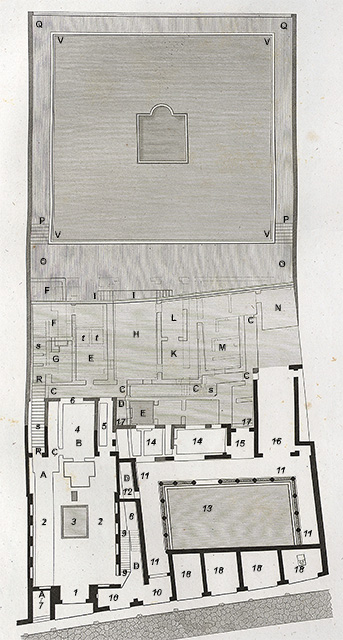 VI.17.25 Pompeii. Plan showing from left to right entrances VI.17.26, 25, 24, 23, 22, 21, 20, 19.  See Mazois, F., 1824. Les Ruines de Pompei: Second Partie. Paris: Firmin Didot. (p. 72, Pl. XXX)
For Jashemski’s description of gardens, see VI.17.23.  See Jashemski, W. F., 1993. The Gardens of Pompeii, Volume II: Appendices. New York: Caratzas. (p.165 and plan)
