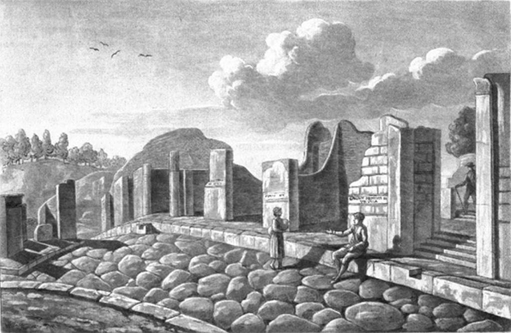 VI.17.32 Pompeii. 1819 drawing with title Maison de Julius Polybius. 
VI.17.32 is on the right, with the indentation in the kerb, and the steps up.
VI.17.36 is on the left of the drawing with the step with the indentation in front of the kerb.
See Wilkins H, 1819. Suite des Vues Pittoresques des Ruines de Pompei, Rome, pl. XII.
