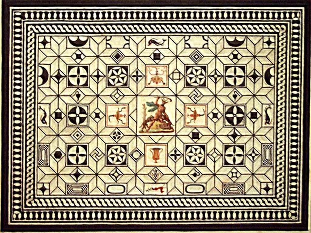 VI.17.36 Pompeii. c. 1800-1824. Painting of Actaeon Mosaic by F. Morelli. According to Niccolini, this was one of the most beautiful mosaics found at Pompeii. Rather than worked in mosaic, this floor would be said to be exquisitely painted, so great was the symmetry and equality of its details; and although it doesn't offer more than a geometric design, still it does not have a coldness, but has all the warmth of a composition.
In the square in the middle, we see Actaeon turned into a deer, being attacked by the dogs of Diana. See Niccolini F, 1890. Le case ed i monumenti di Pompei: Volume Terzo. Napoli, L’Arte in Pompei, tav. XIII.

According to Breton –  “This house was built on the ancient city ramparts, and had many floors on terraces leading down to the sea, it appears to have been very large
but despite the excavations made in 1808 and 1817, it had never been fully excavated. Of the remains, much of it was in a large state of degradation.  This house showed many remarkable peculiarities, having two doors onto the same street opening directly and without a prothyron onto two rooms bigger than an ordinary vestibule. The large Corinthian atrium (?peristyle) did not have a width of less than 28.9m: its portico was formed of arches and columns. The portico of the atrium, as well as several rooms, was paved with black and white mosaics.  A fountain that decorated this area was not placed in the axis of the atrium, but a little to the side, in order to face the door of main vestibule. In one of the rooms that surrounded the atrium was another small fountain. Under this house was the most beautiful cellar yet found at Pompeii.
See Breton, Ernest. (1855). Pompeia, decrite et dessine: 2nd ed. Paris: Baudry, (p.219-220)
