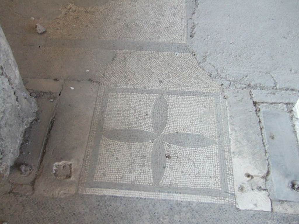 VI.17.41 Pompeii. May 2006. Mosaic door threshold between atrium and triclinium. The threshold of black and white mosaic shows a 4-petalled rosette bordered by a black edge.
On either side of the mosaic threshold, the holes for the door hinges belonging to a door with two shutters, can be seen. In the upper left corner, the carpet pattern of the anteroom floor consisting of small black crosses set in a black border, can be seen.
