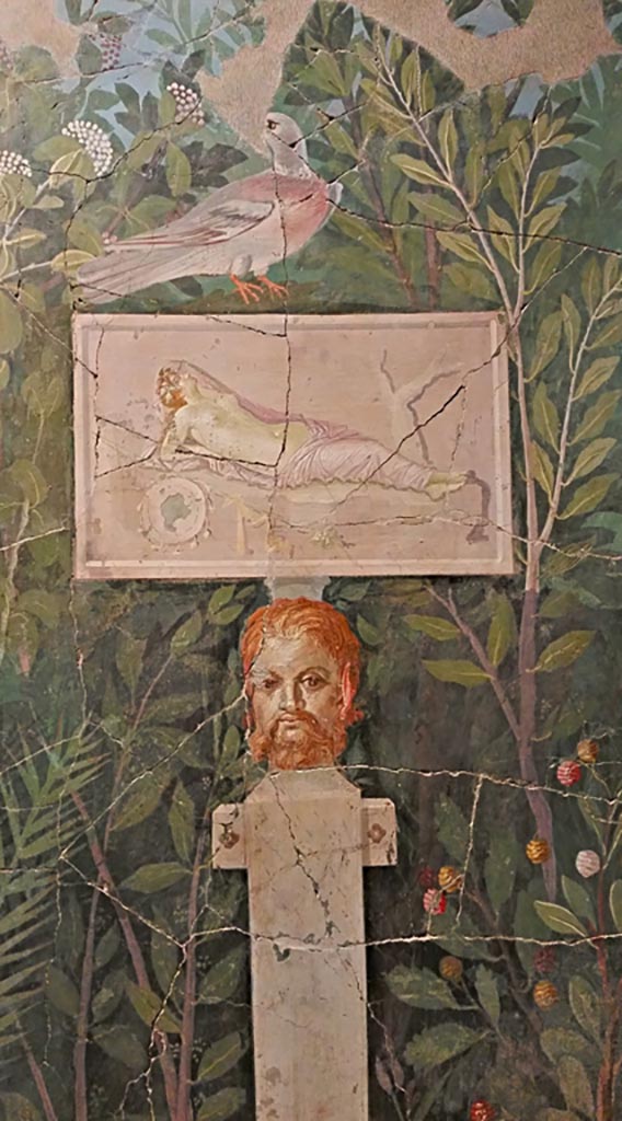 VI.17.42 Pompeii. December 2019. 
Oecus 32, detail from part of garden fresco from north wall at east end.
On display in exhibition “Pompei e Santorini” in Rome, 2019. Photo courtesy of Giuseppe Ciaramella.
