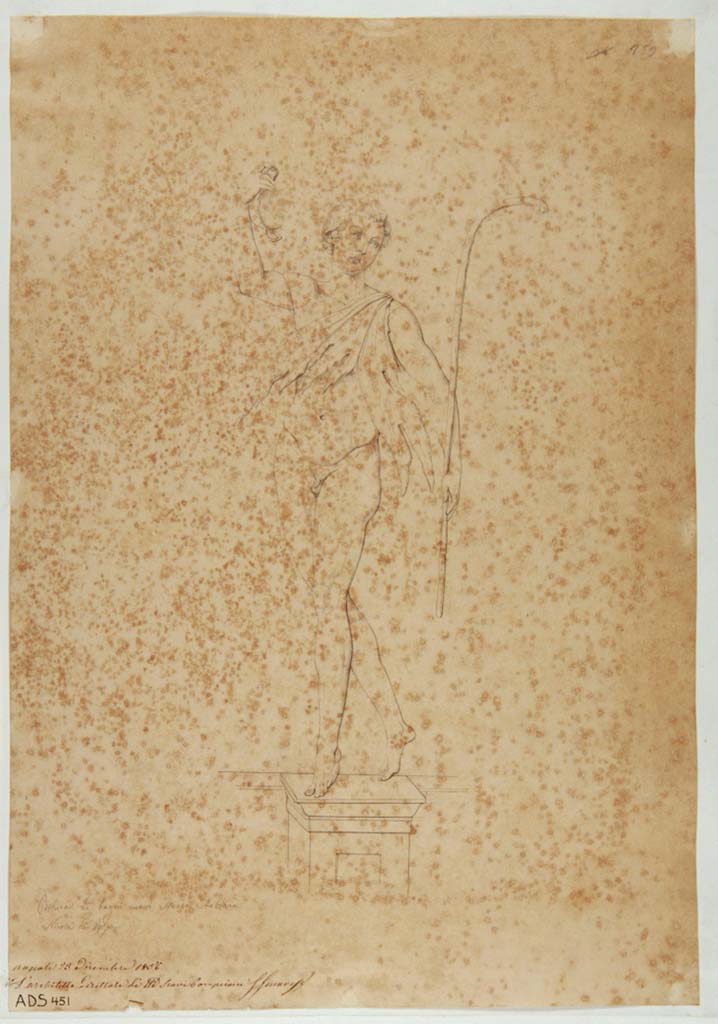 VII.1.8 Pompeii. Drawing by Nicola La Volpe, of painting of a dancing Satyr.
This was either seen on the south wall of nymphaeum room F, or the north wall of room G, as they were seen in both places. 
These paintings were left in situ without protection and have now completely disappeared.
Now in Naples Archaeological Museum. Inventory number ADS 451.
Photo © ICCD. http://www.catalogo.beniculturali.it
Utilizzabili alle condizioni della licenza Attribuzione - Non commerciale - Condividi allo stesso modo 2.5 Italia (CC BY-NC-SA 2.5 IT)
