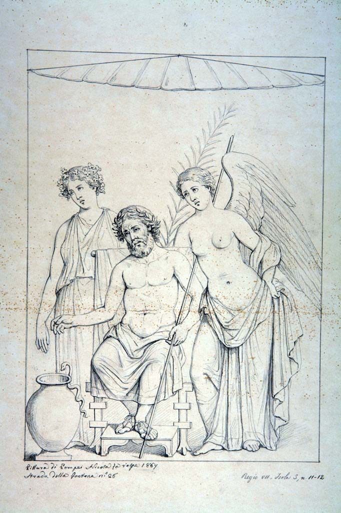 VII.3.11 Pompeii. Drawing by Nicola La Volpe, 1867, of a painting of Jove on his throne with two female figures, described as being from the same east wall as the above.
This was seen at the centre of one of the walls of a room described as an oecus, or a cubiculum, on the east side of the peristyle.
Now in Naples Archaeological Museum. Inventory number ADS 559.
Photo © ICCD. http://www.catalogo.beniculturali.it
Utilizzabili alle condizioni della licenza Attribuzione - Non commerciale - Condividi allo stesso modo 2.5 Italia (CC BY-NC-SA 2.5 IT)
Nothing now remains of the original painting as the oecus/cubiculum has lost all of its plaster. 

