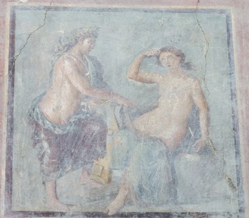 VII.4.31 Pompeii. March 2009. Room 6, painted decoration on north end of west wall of ala.