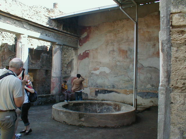 VII.4.48 Pompeii. March 2009. Peristyle. South wall, lower middle section. Painting of Hunt scene with Hunter.
