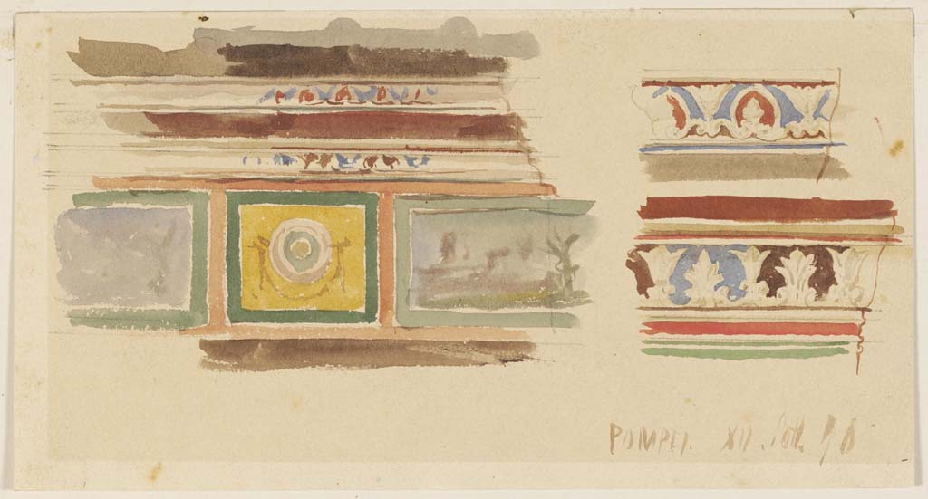 VII.4.48 Pompeii. 12th September 1876. Watercolour by Luigi Bazzani from peristyle. Detail of stucco on upper west wall at south end, on right.
Photo  Victoria and Albert Museum. Inventory number 2046-1900.

