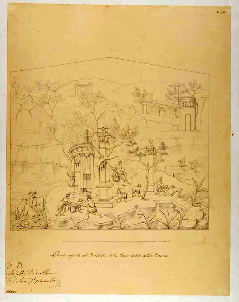 VII.4.48 Pompeii. Drawing by Giuseppe Abbate, 1835, of a painting copied from a wall in the peristyle. 
The scene from the upper north end of west wall showed a sacred landscape, edged with a red border, but is now faded and lost.
Cows, a priestess making an offering in front of a tholos, a statue of Apollo, and a shepherd with goats would have been seen.
See Helbig, W., 1868. Wandgemlde der vom Vesuv verschtteten Stdte Campaniens. Leipzig: Breitkopf und Hrtel. (1555).
Now in Naples Archaeological Museum. Inventory number ADS 591.
Photo  ICCD. https://www.catalogo.beniculturali.it/
Utilizzabili alle condizioni della licenza Attribuzione - Non commerciale - Condividi allo stesso modo 2.5 Italia (CC BY-NC-SA 2.5 IT)
