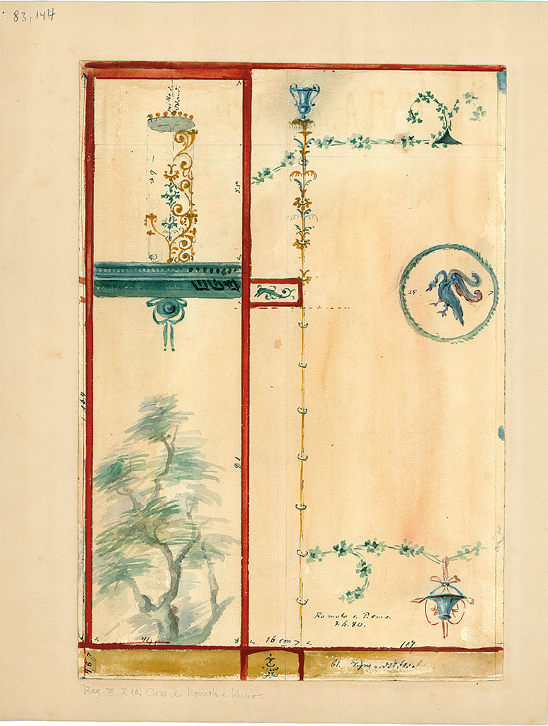 VII.7.10/13 Pompeii. 7th June 1880. 
Watercolour of painted decorations from this house, but location unknown (also entered in VII.7.10).
DAIR 83.144. Photo  Deutsches Archologisches Institut, Abteilung Rom, Arkiv. 
