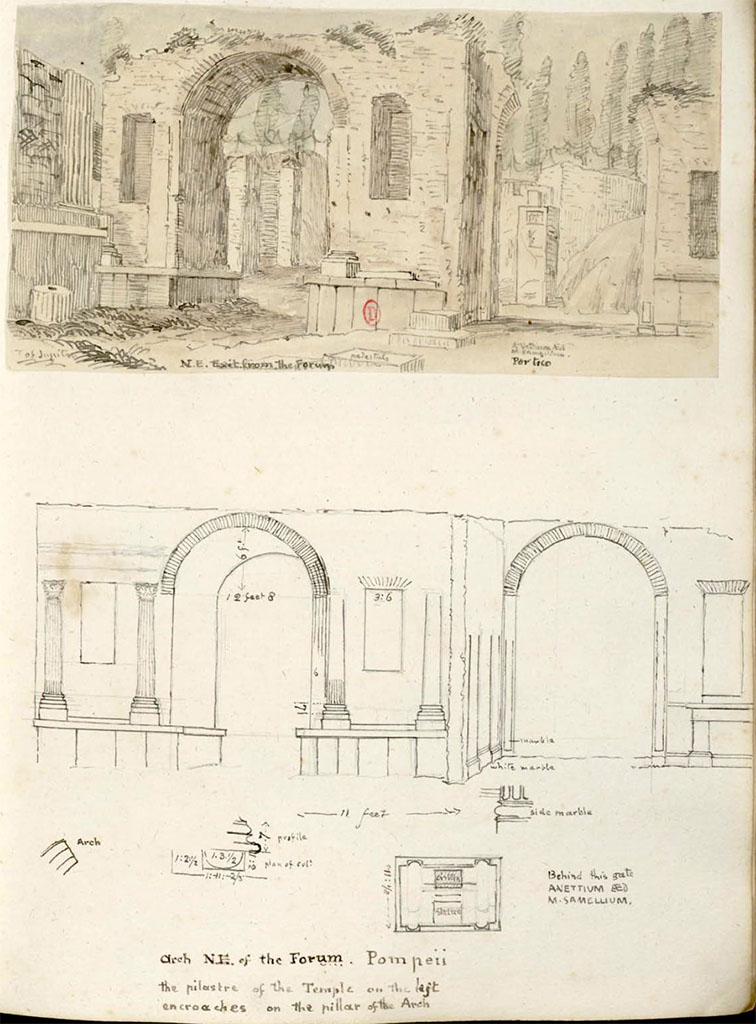 VII.8 Pompeii Forum. Between 1819 and 1832. Drawing by W. Gell, of N.E. exit from the Forum.
Note: the drawing below showing columns on the arch, on the left, as well as reconstructed arch, on the right.
See Gell, W. Pompeii unpublished [Dessins de l'édition de 1832 donnant le résultat des fouilles post 1819 (?)] vol II, pl. 7.
Bibliothèque de l'Institut National d'Histoire de l'Art, collections Jacques Doucet, Identifiant numérique Num MS180 (2).
See book in INHA Use Etalab Licence Ouverte
