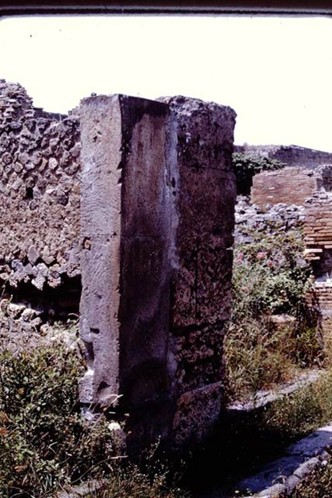VII.9.57 Pompeii. 1964. Looking towards dividing pilaster between VII.9.57, on left, and VII.9.56, on right.
 Photo by Stanley A. Jashemski.
Source: The Wilhelmina and Stanley A. Jashemski archive in the University of Maryland Library, Special Collections (See collection page) and made available under the Creative Commons Attribution-Non Commercial License v.4. See Licence and use details.
J64f1816  
