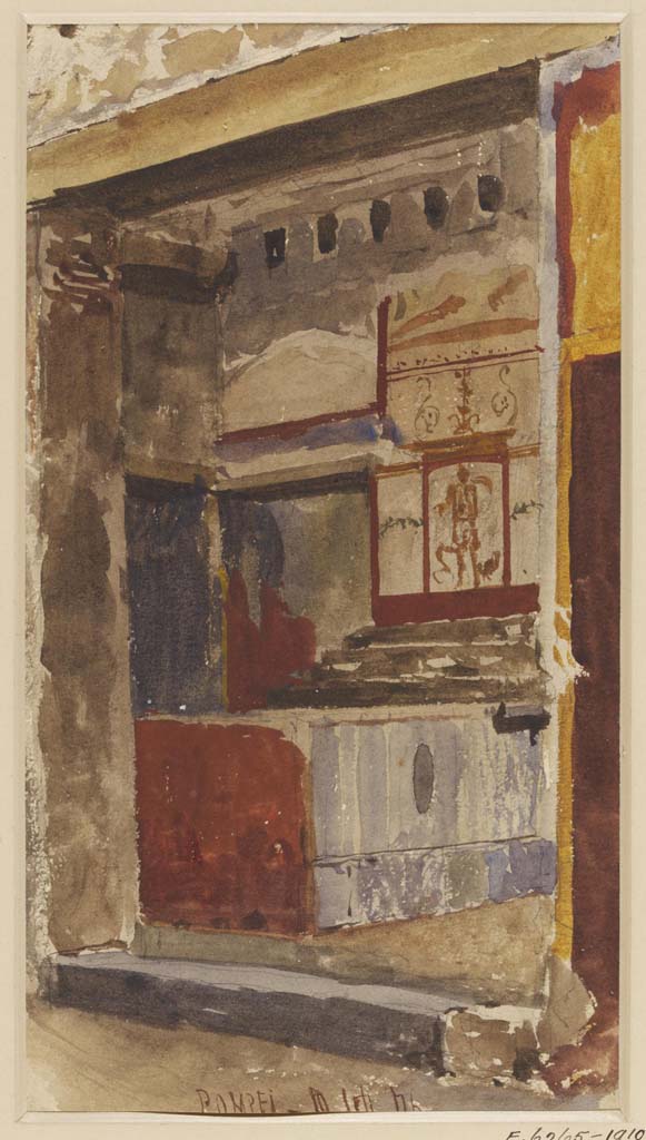 VII.15.5 Pompeii. 10th September 1876.  Watercolour by Luigi Bazzani.
Looking towards the interior of a shop in the Vicolo del Gallo at Pompeii. 
Photo © Victoria and Albert Museum. Inventory number 2033-1900.
