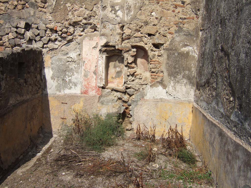 VII.15.5 Pompeii. September 2005. North wall of small garden with niches and site of cylindrical altar and lararium painting.
Boyce recorded a rectangular niche and his plate showed a plastered wall to the right of it which presumably covered the second niche.
In front he recorded a cylindrical altar of about 0.5m height covered in stucco painted in imitation red and white marble.
See Boyce G. K., 1937. Corpus of the Lararia of Pompeii. Rome: MAAR 14.  (p. 72, no.330, plate 12,3).
