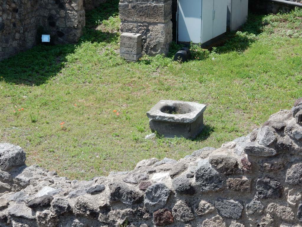 VII.16.1 Pompeii. June 2019.  Looking south-west across atrium, with cistern-mouth. 
In the upper left is the doorway to a cubiculum on the left of the entrance doorway. Photo courtesy of Buzz Ferebee.


