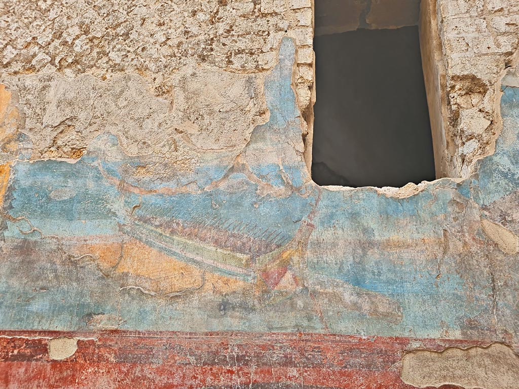 VII.16.a Pompeii. November 2023. Room 9, detail of naval scene from upper south wall. Photo courtesy of Giuseppe Ciaramella.