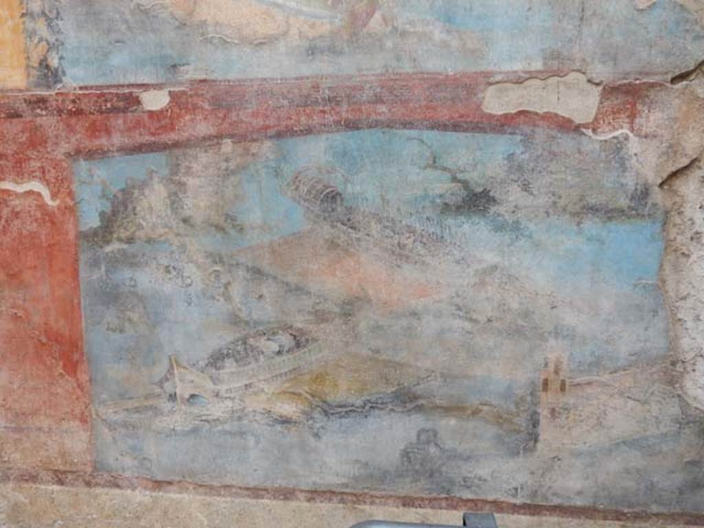 VII.16.a Pompeii. May 2015. Room 9, lower south wall, naval scene. Photo courtesy of Buzz Ferebee.
