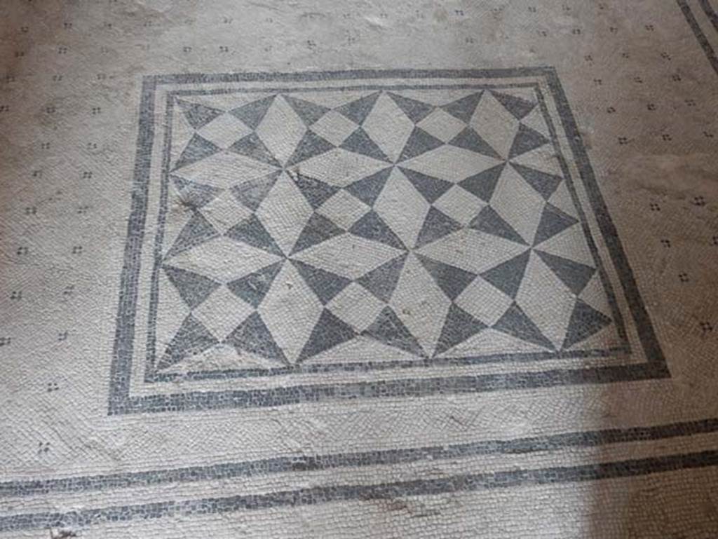 VIII.2.1 Pompeii. May 2018. Black and white mosaic flooring with “carpet” of four-sided stars set in square edged with two rows of mosaics in black. Photo courtesy of Buzz Ferebee.
