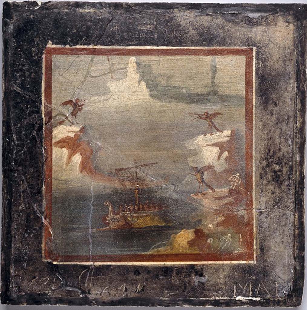 VIII.2.1 Pompeii. Triclinium on east side of atrium. Painting of Ulysses and the sirens.
Photo © Trustees of the British Museum. Inventory number BM 1867,0508.1354, companion to BM 1867,0508.1355. 
Use subject to CC BY-NC-SA 4.0.
