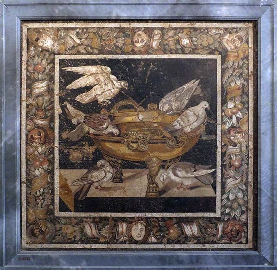 VIII.2.34 Pompeii. Emblema from floor, found in March 1885 in room ‘n’. 
Mosaic of three doves on a water basin with three legs in the form, of lion’s feet. 
A fourth dove is about to land and two more are on the shelf below.
Now in Naples Archaeological Museum.  Inventory number 114281. 
See Notizie degli Scavi di Antichità, 1885, (p.162).
See Mau, in Bullettino dell’Instituto di Corrispondenza Archeologica (DAIR), 1886, (p.151)

