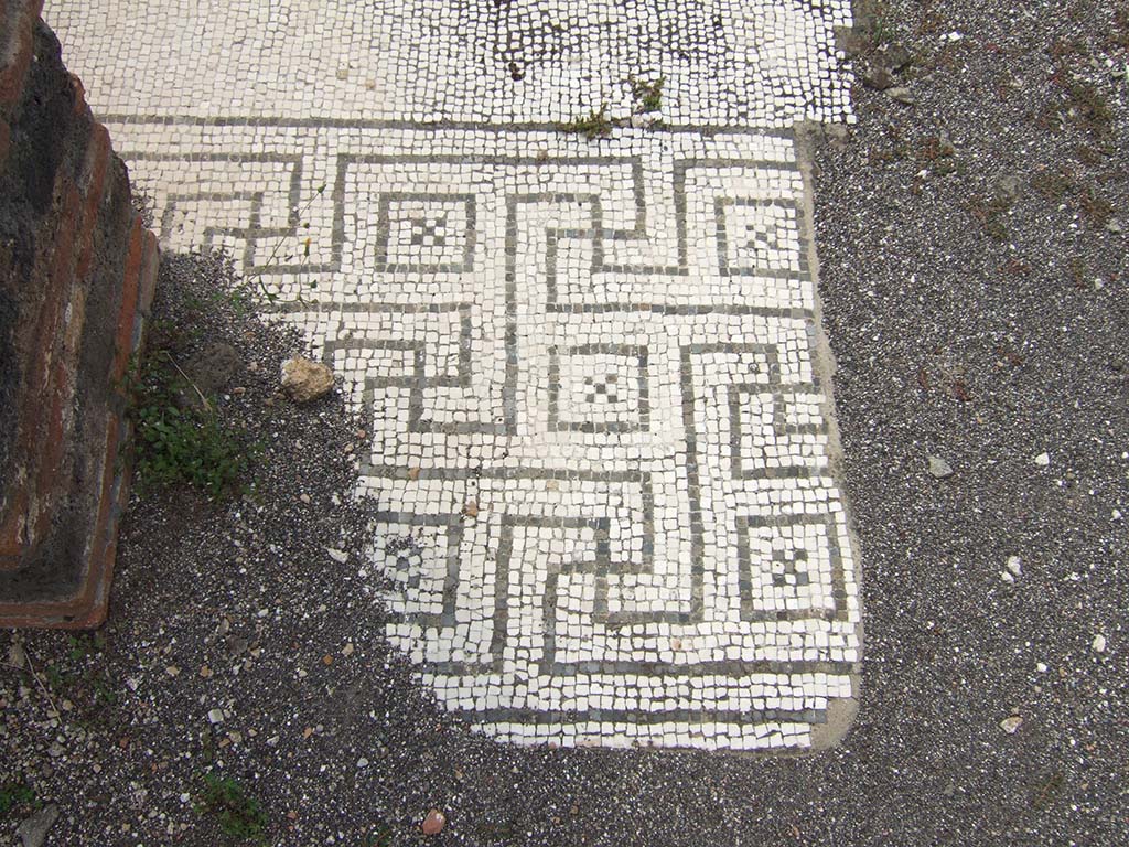 VIII.2.34 Pompeii. May 2006. Room “m”, mosaic in doorway threshold leading into tablinum from atrium.
The mosaic threshold towards the atrium ‘c’ was made up of a large design of meandering swastikas showing squares enclosing a black central cross.
