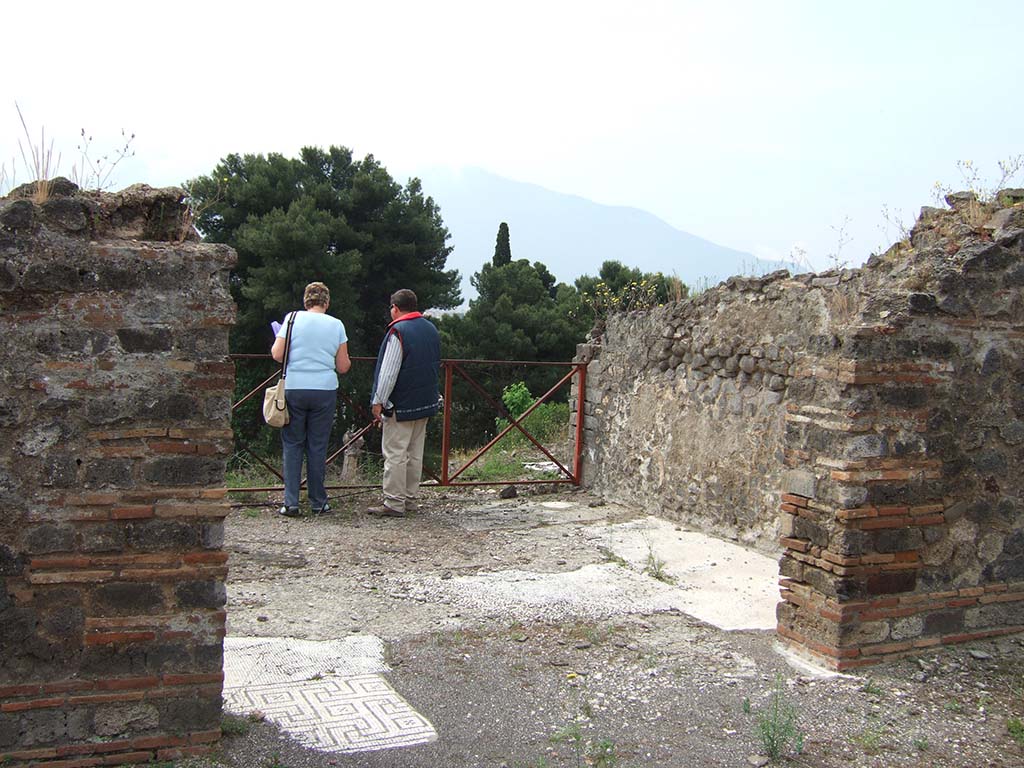 VIII.2.34 Pompeii. May 2006. Doorway to room ‘m’, the tablinum. Looking south across remains of tablinum decorated with mosaic.
According to Jashemski, at the rear of the tablinum was a terrace on street level which was preceded by a colonnaded portico.
See Jashemski, W. F., 1993. The Gardens of Pompeii, Volume II: Appendices. New York: Caratzas. (p.209 incl: Fig 243-4, reconstruction drawing)
