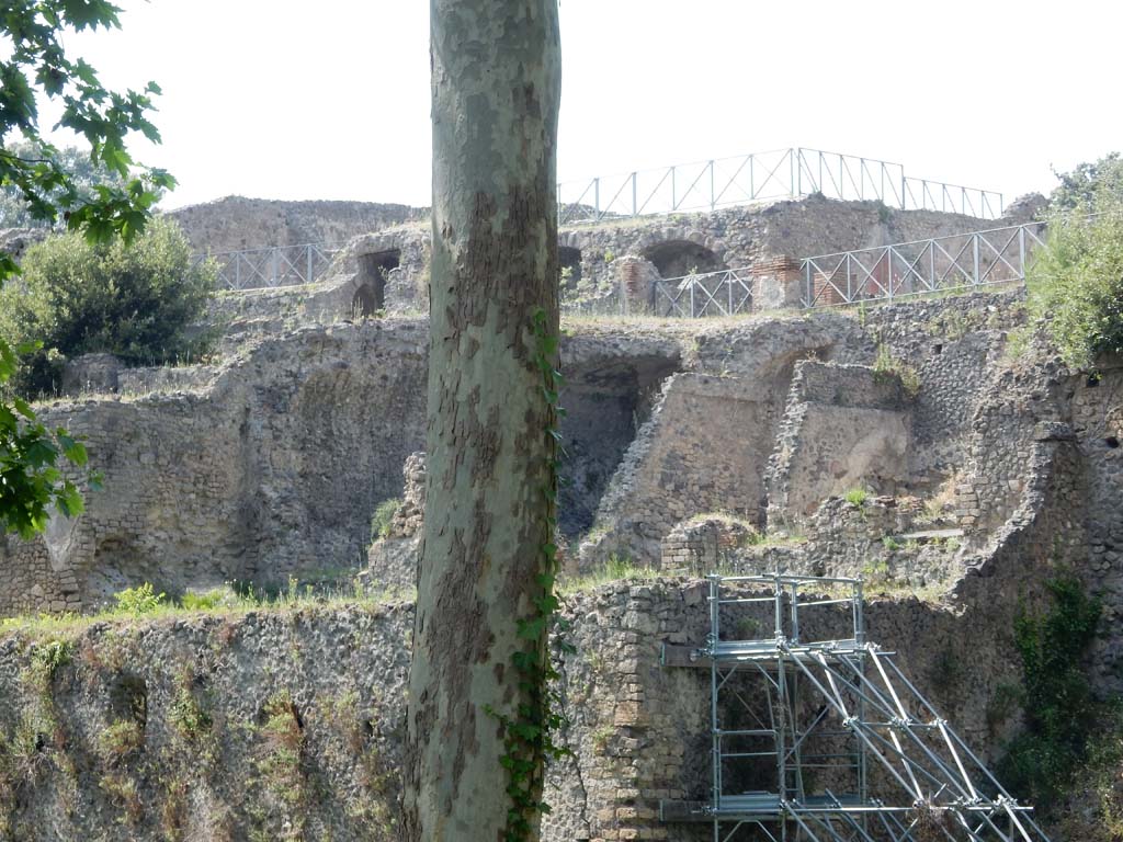 VIII.2.39 Pompeii. June 2019. Looking west towards first lower floor rooms, in centre behind tree.
At the rear, on the upper remaining floor would be the rooms of VIII.2.37.  Photo courtesy of Buzz Ferebee.
