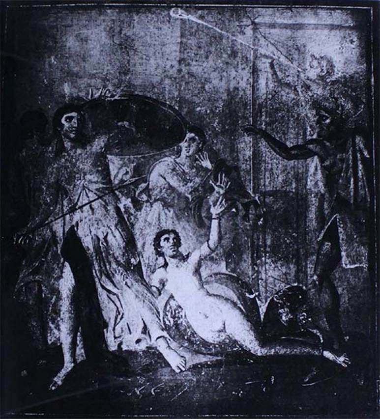 VIII.4.4 Pompeii. Old photograph c.1870. Room 10, centre of the east wall.
The painting of Achilles being found by Odysseus among King Lycomedes daughters on Skyros. 
See Helbig, W., 1868. Wandgemlde der vom Vesuv verschtteten Stdte Campaniens. Leipzig: Breitkopf und Hrtel. (H1296).
