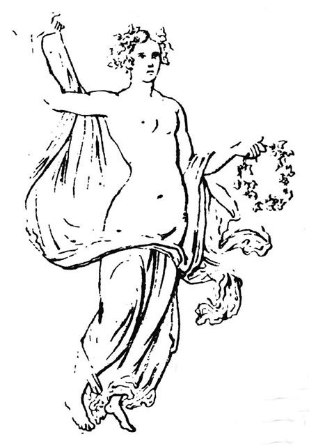 VIII.4.4 Pompeii.  March 2009.  Room 4. East wall.  Remains of Wall painting of Apollo and Daphne.  See Helbig, W., 1868. Wandgemälde der vom Vesuv verschütteten Städte Campaniens. Leipzig: Breitkopf und Härtel. (209).