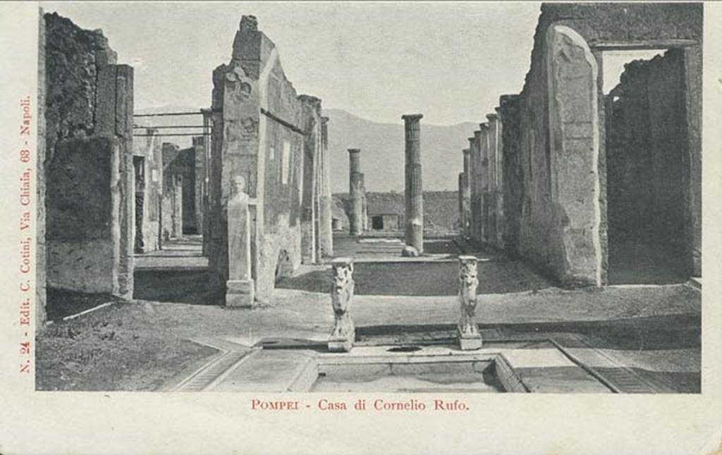 VIII.4.15 Pompeii. Old postcard of unknown date. Looking south from atrium across tablinum towards peristyle. Photo courtesy of Rick Bauer.
