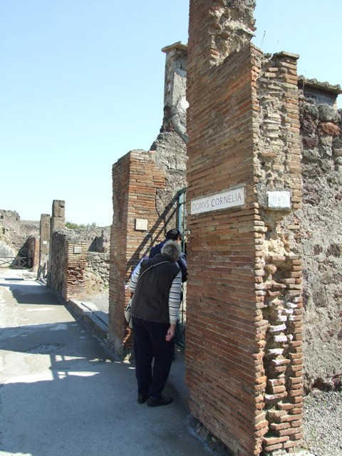 VIII.4.15 Pompeii. March 2009. Upper section of remains of plaster on East wall of entrance fauces.