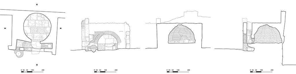 Fig. 23  Pompi, boulangerie VIII 6, 1.9-11  Plan, faade et coupes du four.
Relev / dessin : S. Mencarelli /EFR.

