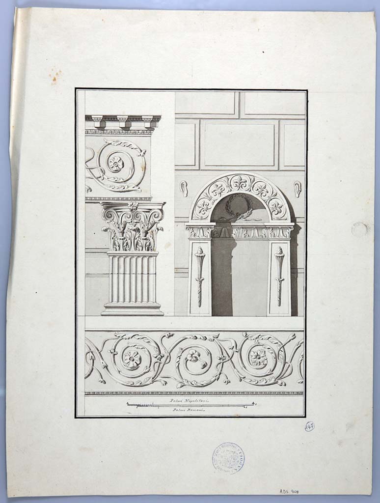 VIII.7.28 Pompeii. Drawing by Francesco La Vega, of the decorative elements from the rear of the Temple.
On the right is the niche of Bacchus.
At one time this was edged with two ears at the top of the niche, and two torches at the sides in the decorative stucco work.
Now in Naples Archaeological Museum. Inventory number ADS 908.
Photo © ICCD. http://www.catalogo.beniculturali.it
Utilizzabili alle condizioni della licenza Attribuzione - Non commerciale - Condividi allo stesso modo 2.5 Italia (CC BY-NC-SA 2.5 IT)
