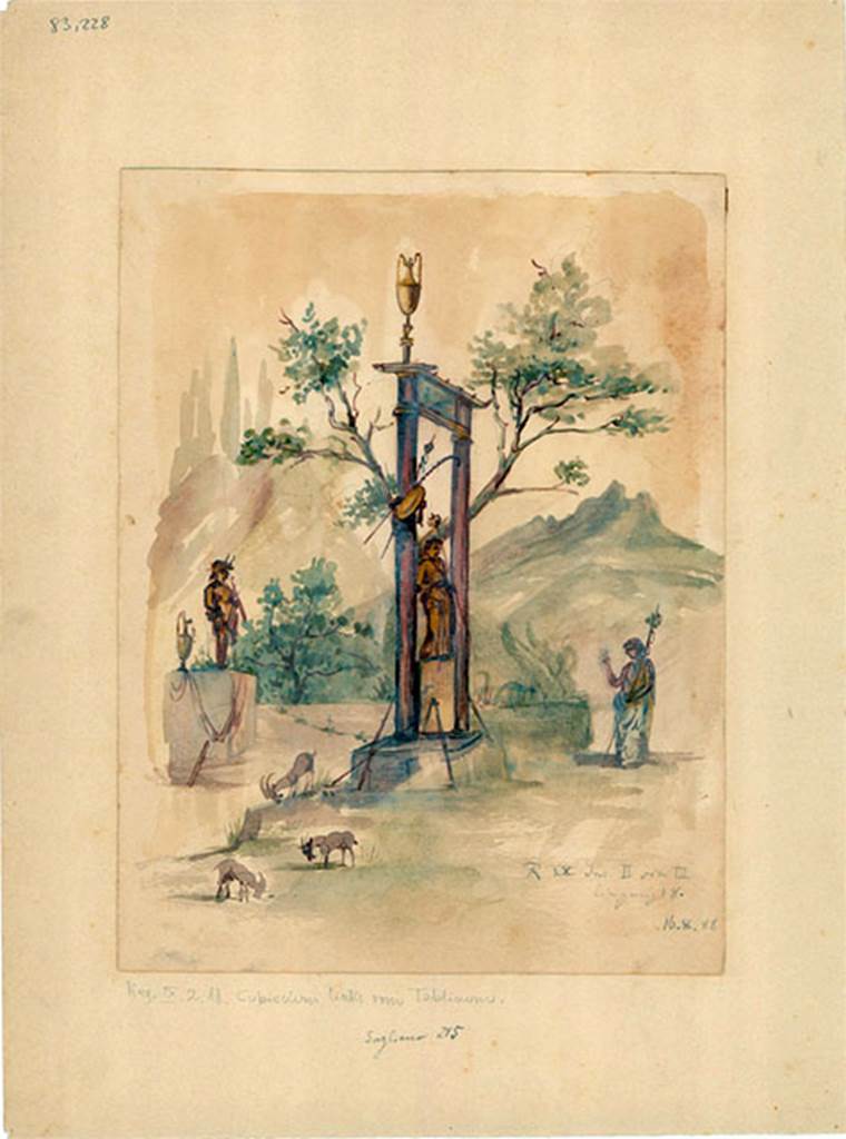 IX.2.18 Pompeii. 1888 watercolour. Room 4, north wall of cubiculum.
Sacred landscape with bronze statue of Dionysus under the sacred portal.
A bacchante approaches a sphynx.
Behind the statue of Dionysus is a statue of Pan.
Three goats graze nearby.
See Sogliano, A., 1879. Le pitture murali campane scoverte negli anni 1867-79. Napoli: Giannini. (p.52, no: 245)
DAIR 83.228. Photo  Deutsches Archologisches Institut, Abteilung Rom, Arkiv.
According to Kuivalainen, 
Bacchus is often represented in sacro-idyllic landscapes among other statues, in this case a Pan made of bronze and a sphinx of marble. The sphinx may allude to Thebes as the domicile of Semele. I rely on the excavators report of Bacchus having a beard, though it is no longer clearly visible in drawings. I would see a bearded Bacchus in the drawing by G. Discanno, but e.g. Sampaolo has made no comments of it. The drawing is from the year 1870, so made right after the excavation unlike the later watercolour. The approaching female is either a Maenad or a worshipper. The shrine, a simple structure, protects the statue. A remarkable feature is the asymmetrical position of the ritual requisite.
See Kuivalainen, I., 2021. The Portrayal of Pompeian Bacchus. Commentationes Humanarum Litterarum 140. Helsinki: Finnish Society of Sciences and Letters, (p.84-5, A8).

