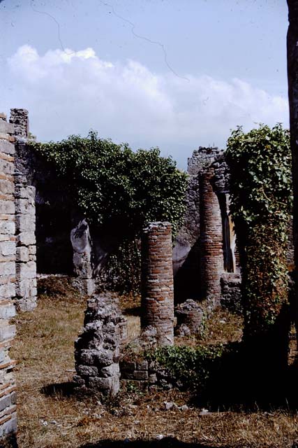 IX.2.27 Pompeii. May 2010. Remains of shrine on west wall.
According to Boyce, the two enclosing walls formed a rectangular niche above a low podium, but none of the floor was preserved. The inside walls are painted blue with red borders. On the ground in front of the shrine stood a square masonry altar.
See Boyce G. K., 1937. Corpus of the Lararia of Pompeii. Rome: MAAR 14. (p. 82)