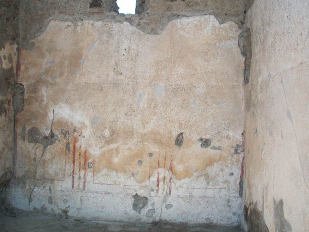 IX.7.20 Pompeii. May 2005. Remains of painted plaster in room (e) with a window, (ala on north side of atrium,)
According to PPP, this room was a triclinium, the north wall had a rectangular window.
The lower area of the wall was painted white sprinkled with black and red.
The middle section was painted white, with panels separated by narrow candelabra partitions.
See Bragantini, de Vos, Badoni, 1986. Pitture e Pavimenti di Pompei, Parte 3. Rome: ICCD. (p.503)

