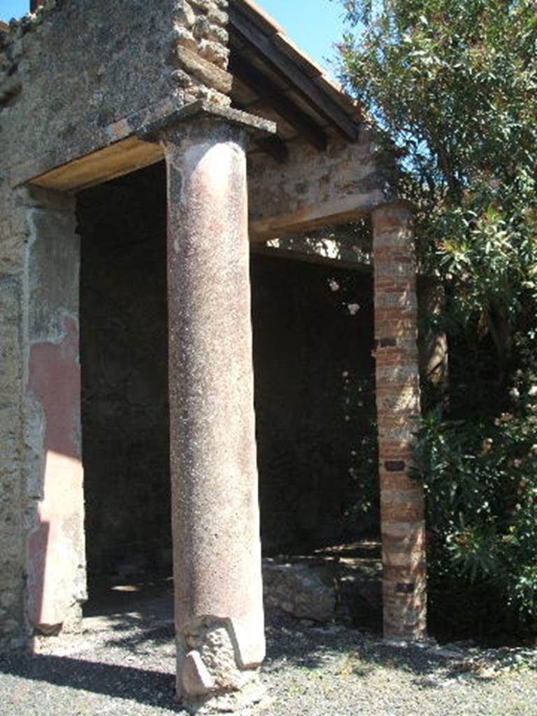 IX.7.20 Pompeii. May 2005. Columns near doorway to room (h) on north portico.