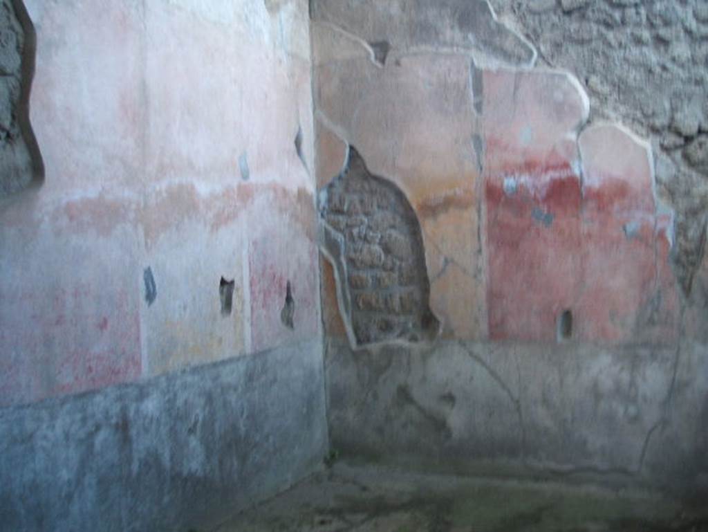 IX.7.20 Pompeii. May 2005. Room (h): looking into north-west corner with remains of painted plaster.
On north wall, the zoccolo was black, the middle zone had a red central panel with yellow side panels.
