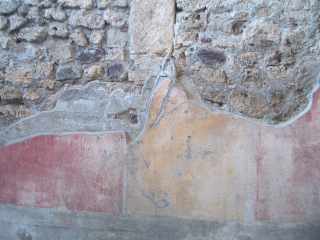 IX.7.20 Pompeii. May 2005. Room (h): remains of painted plaster on east wall with red and yellow panels.