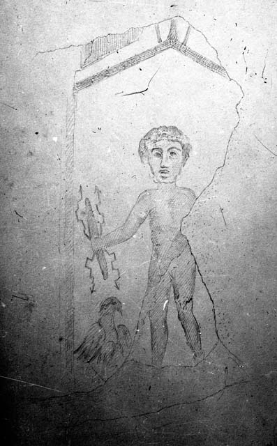 IX.8.6 Pompeii. December 2007. Room 38, triclinium, east wall. Wall painting of Hermaphrodite with Bacchus and Silenus. Hermaphrodite has a torch raised in the right hand and a kantharos (cup) in the left hand. The Maenad has a tamburello (tambourine) and Silenus has his lyre. See Sogliano, A., 1879. Le pitture murali campane scoverte negli anni 1867-79. Napoli: Giannini. (No. 596).