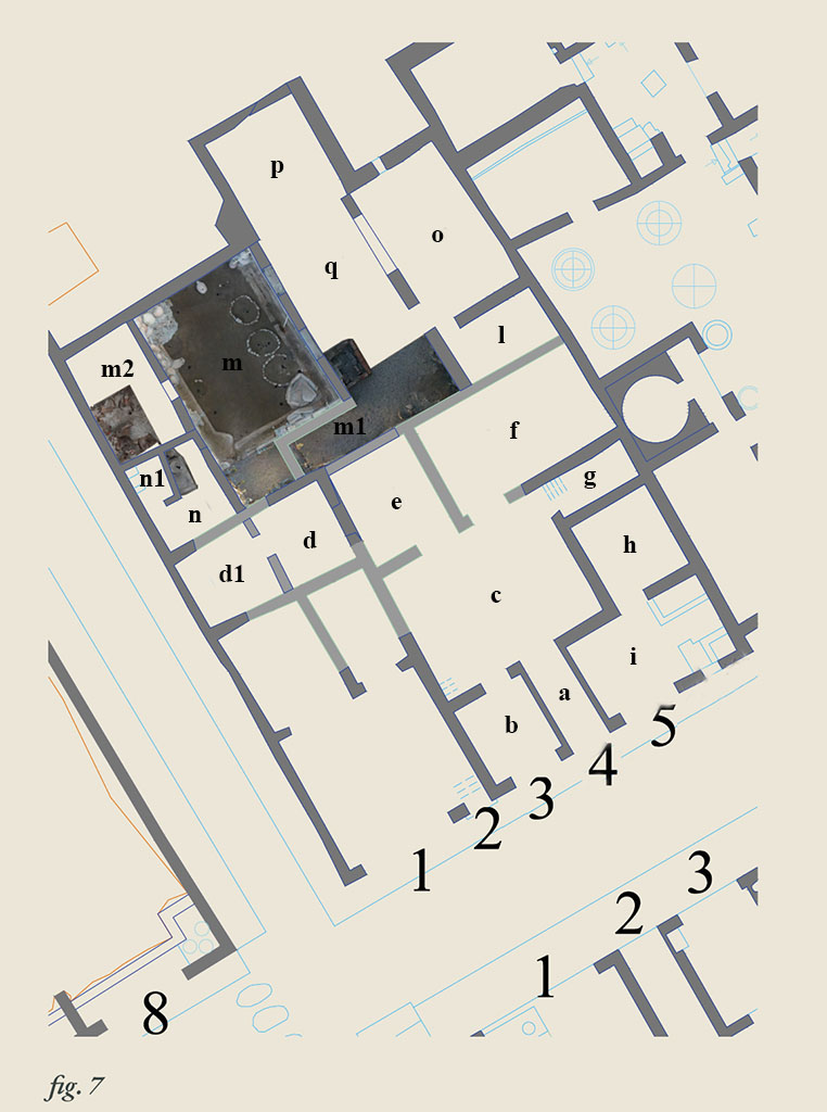 IX.12.1-5 Pompeii. Plan with IX.12.5 shown as rooms “h” and “i”.
Plan after E-Journal 13, Scavi di Pompei, 28.05.24, fig. 7.
According to Spinazzola,
The doorway at IX.12.5 was over 5 metres wide with a rear room, and completely detached from the rest of the house without any communication or doorway.
See Spinazzola, V. Pompei, alla luce degli Scavi Nuovi di Via dell’Abbondanza (Anni 1910-1923), Vol. 2, p. 716.